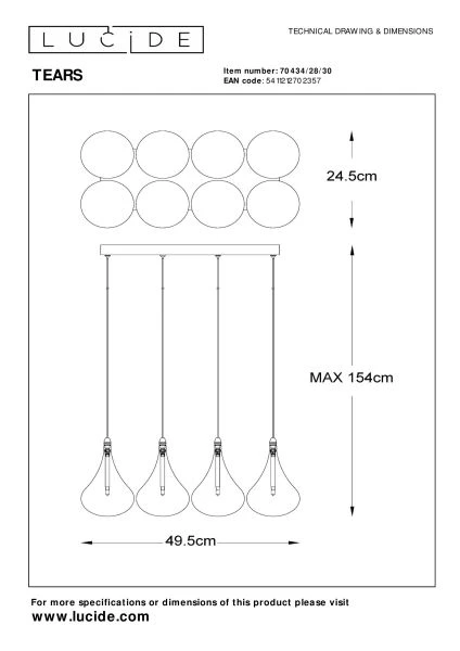 Lucide TEARS - Hanglamp - LED Dimb. - G4 - 8x1,5W 3000K - Zwart - technisch